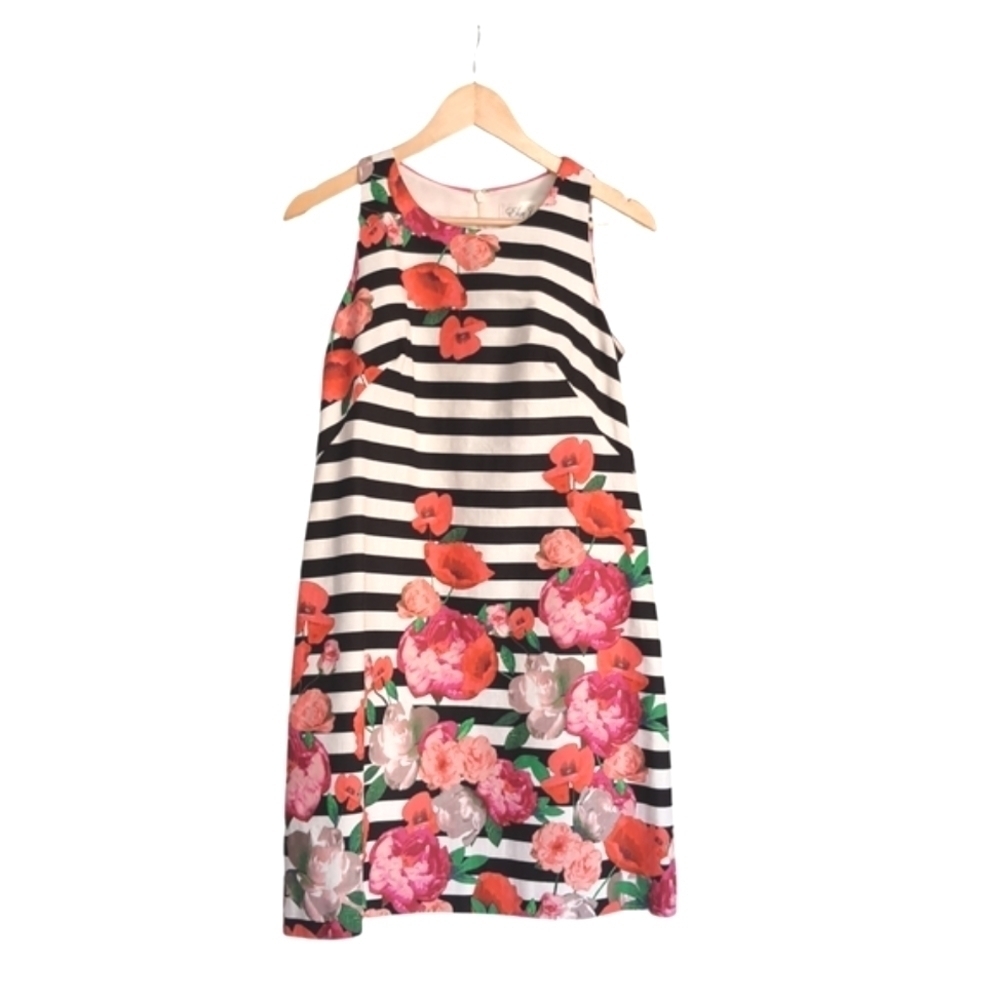 Sleeveless Sheath Dress Womens 6 Floral Striped Black and White Spring Party - Picture 2 of 12